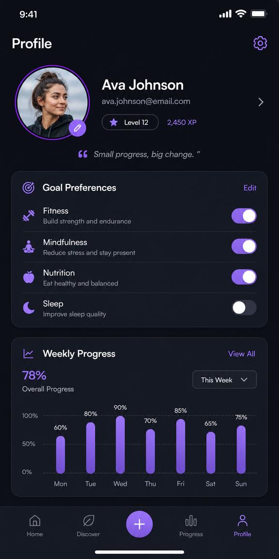 BiteRight profile and goals screen